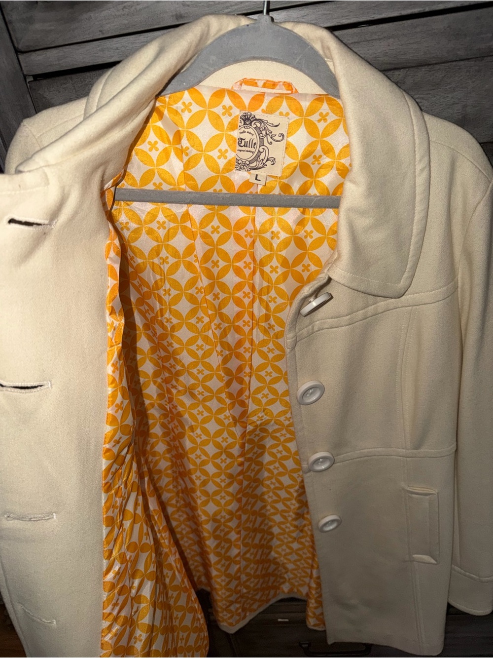 Tulle Cream Pea Coat with Yellow Geometric Lining
